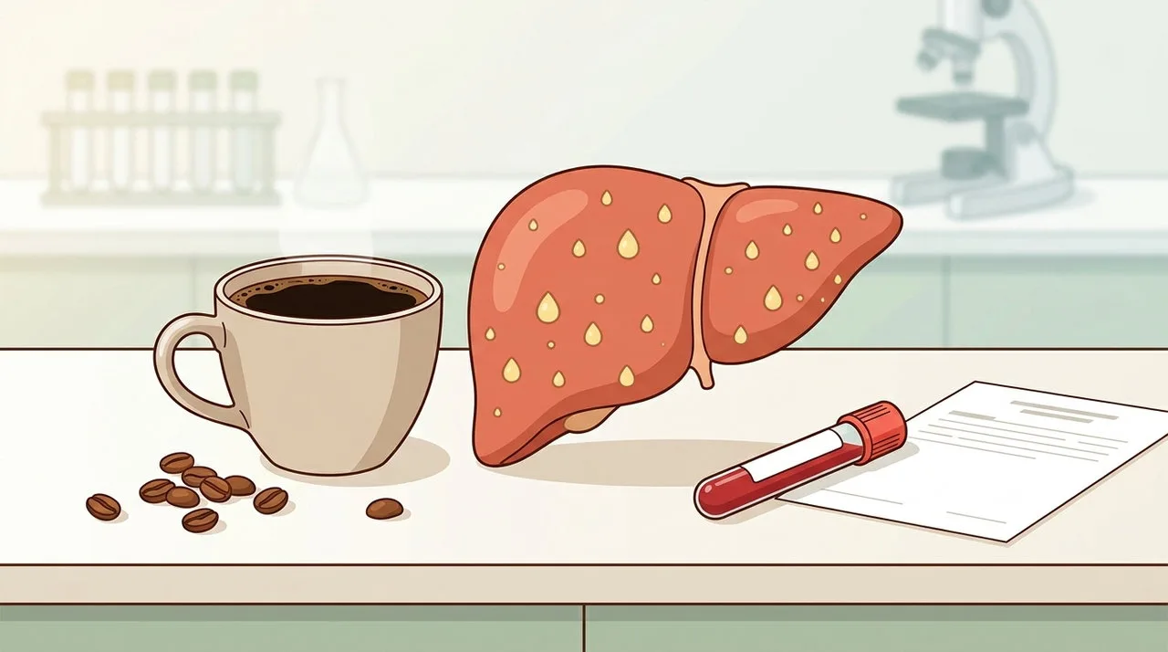 Copo de café expresso sobre mesa com livro e anotações, simbolizando estudo sobre consumo de café e saúde do fígado.