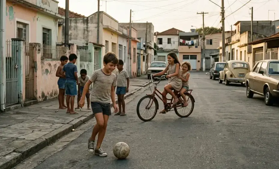 Crianças brincando ao ar livre, desenvolvendo habilidades emocionais e resiliência sem intervenção constante de adultos.