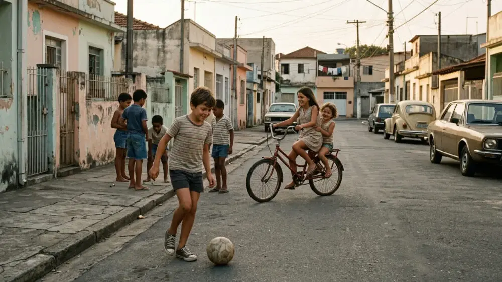 Crianças brincando ao ar livre, desenvolvendo habilidades emocionais e resiliência sem intervenção constante de adultos.