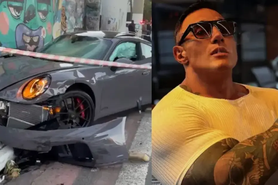 Fábio Giga ao lado de seu Porsche 911 Carrera GTS após acidente envolvendo cinco veículos no Ipiranga, São Paulo.
