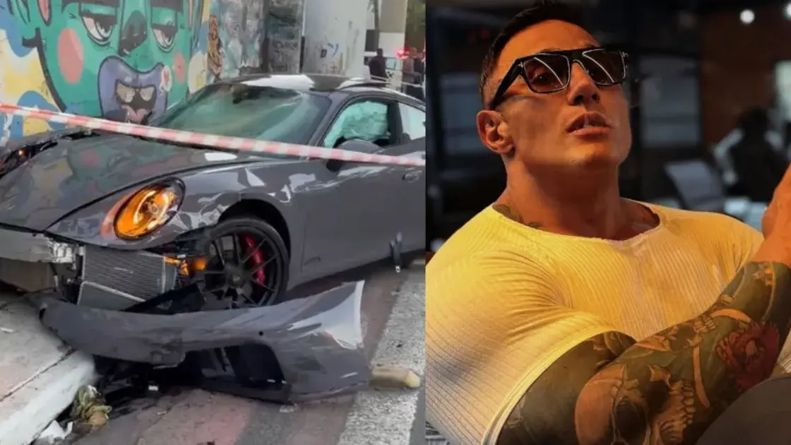 Fábio Giga ao lado de seu Porsche 911 Carrera GTS após acidente envolvendo cinco veículos no Ipiranga, São Paulo.