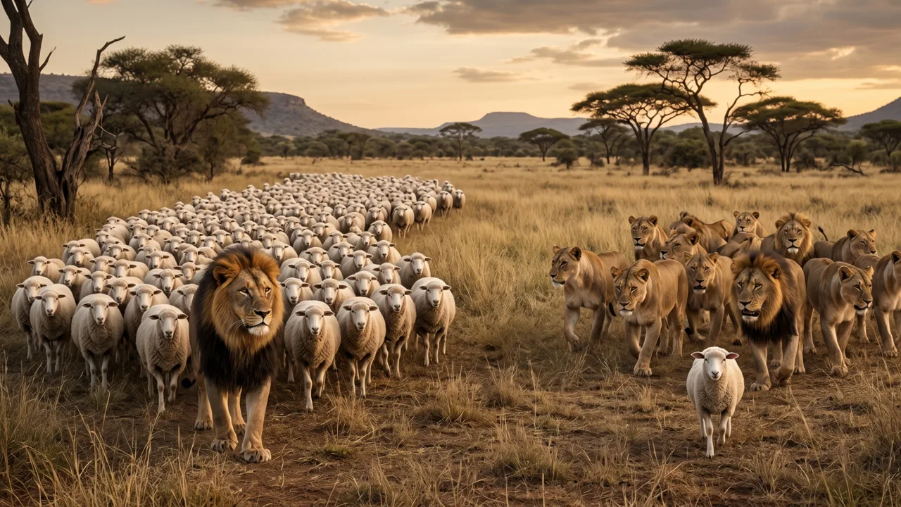 Felinos e ovelhas em uma metáfora sobre liderança no ambiente corporativo, simbolizando força e união.
