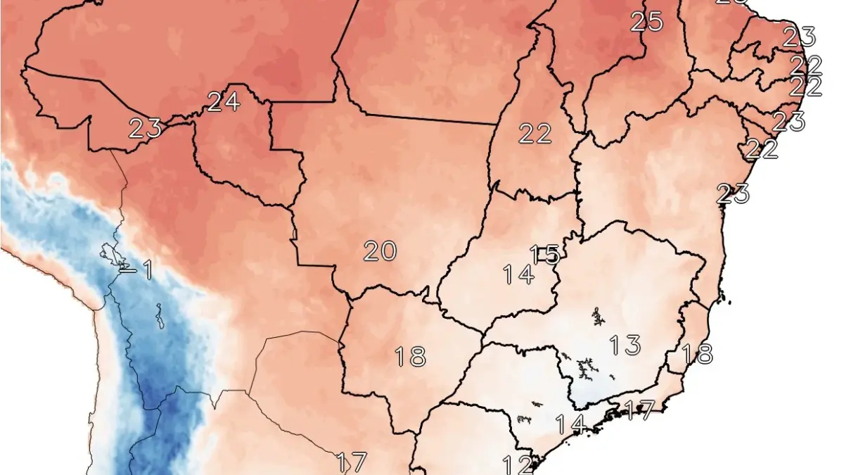 Frente fria provoca queda de temperaturas no Sul do Brasil e chuvas no Sudeste em junho de 2026.