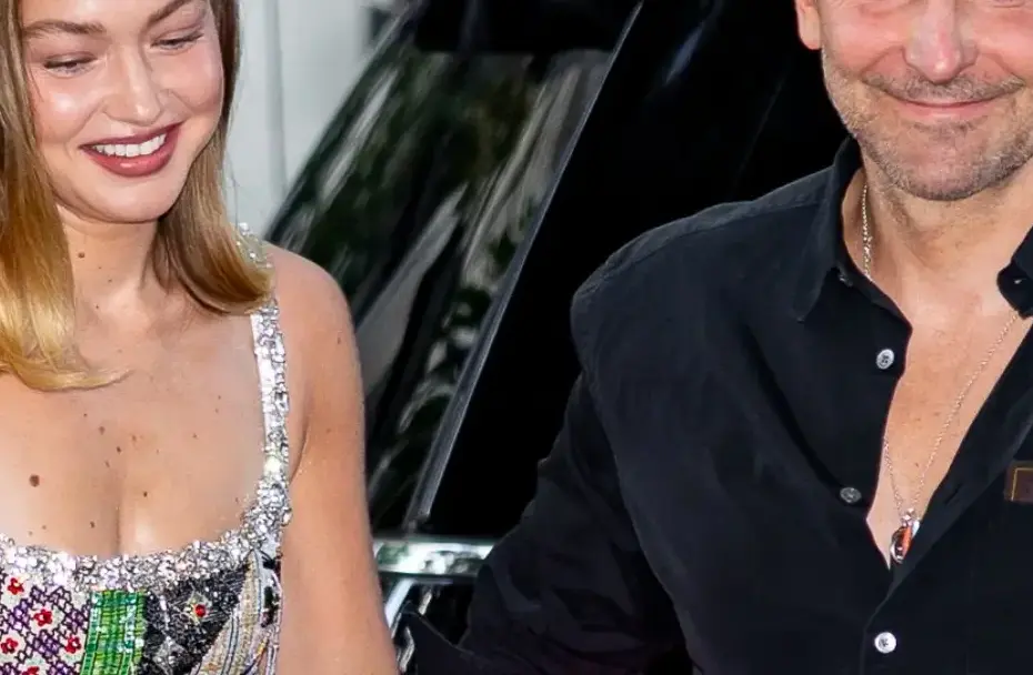 Gigi Hadid e Bradley Cooper em encontro romântico no restaurante Giorgio Baldi, com Gigi usando calça amarelo-manteiga.