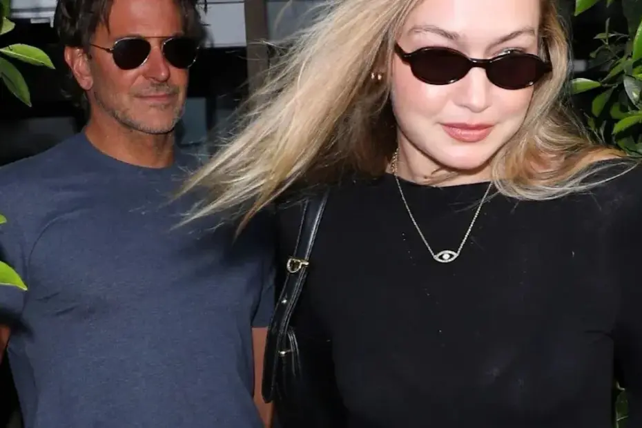 Gigi Hadid e Bradley Cooper em restaurante de Los Angeles, destacando calças de linho amarelo manteiga como tendência de.