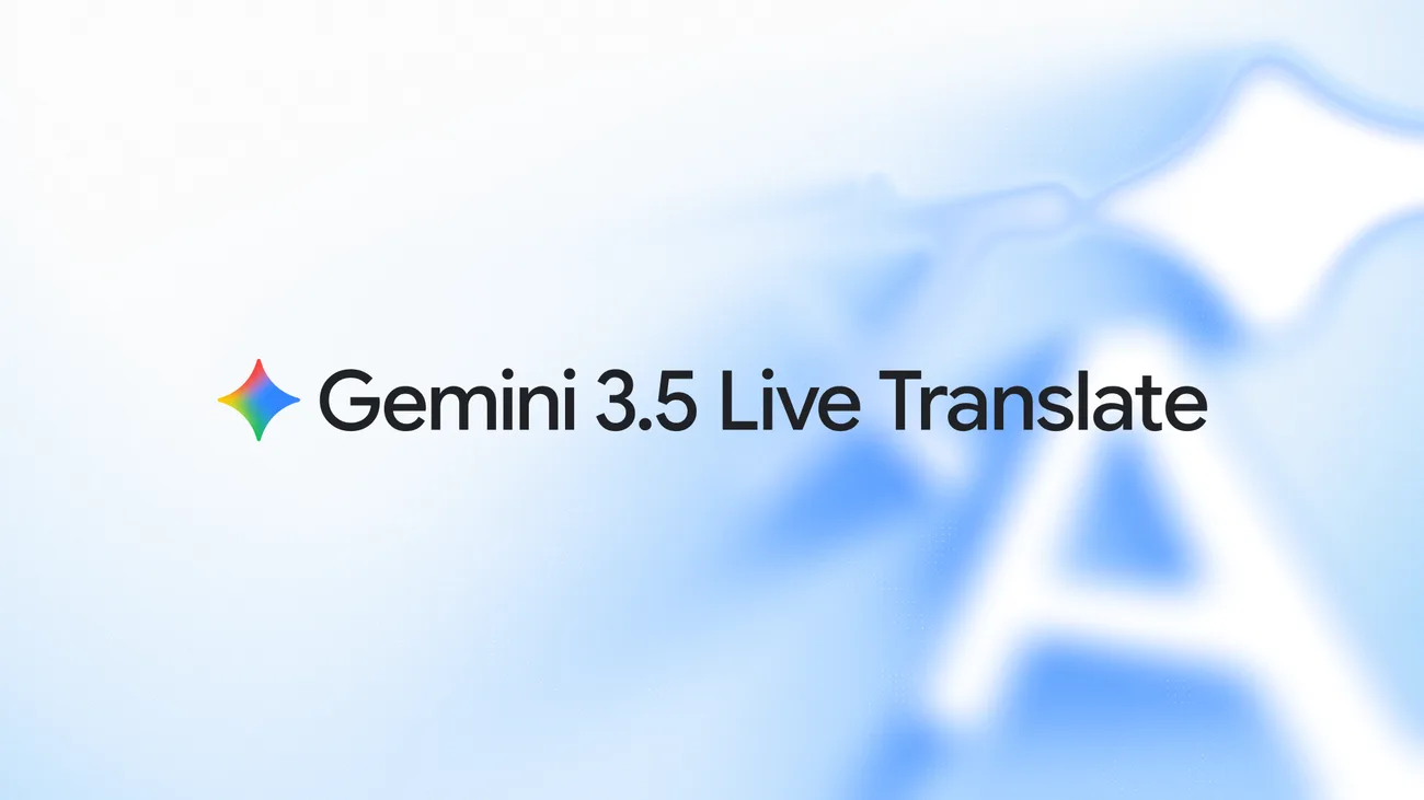 Google lança Gemini 3.5 Live Translate, destacando a interface do novo modelo de tradução de voz em um dispositivo móvel.