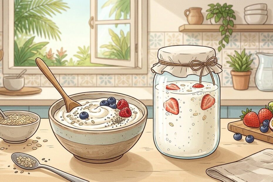 Iogurte natural e kefir em tigelas de cerâmica com frutas frescas e granola ao lado.