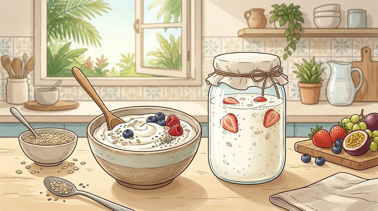 Iogurte natural e kefir em tigelas de cerâmica com frutas frescas e granola ao lado.