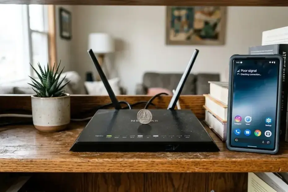 Moeda colocada sobre um roteador Wi-Fi em ambiente doméstico, simbolizando dicas para melhorar a conexão.