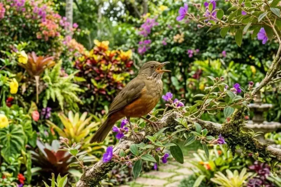Pássaros coloridos cantando em um jardim vibrante, simbolizando saúde e biodiversidade.