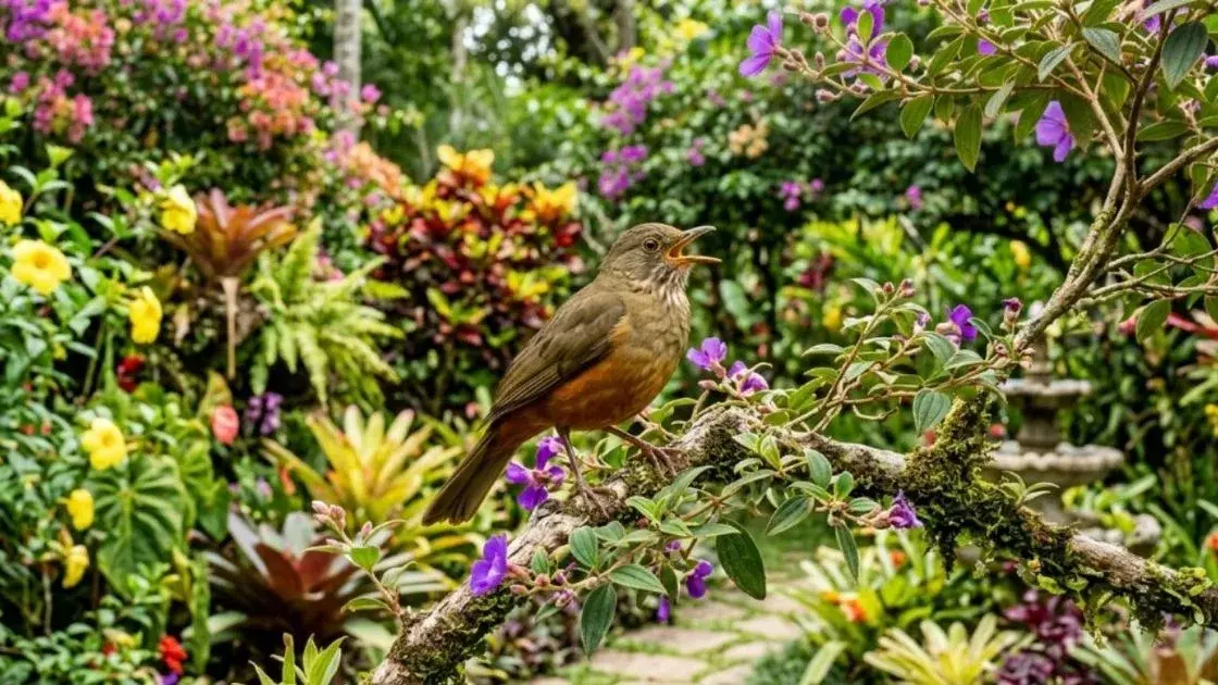 Pássaros coloridos cantando em um jardim vibrante, simbolizando saúde e biodiversidade.
