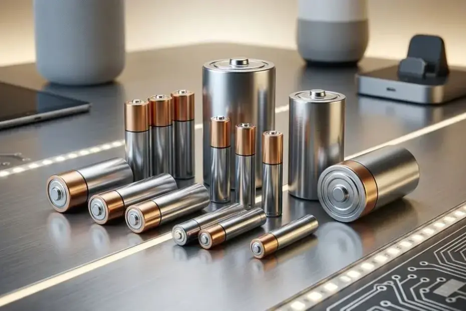 Pilhas AA e AAA em diferentes formatos, destacando suas capacidades de até 3000 mAh.