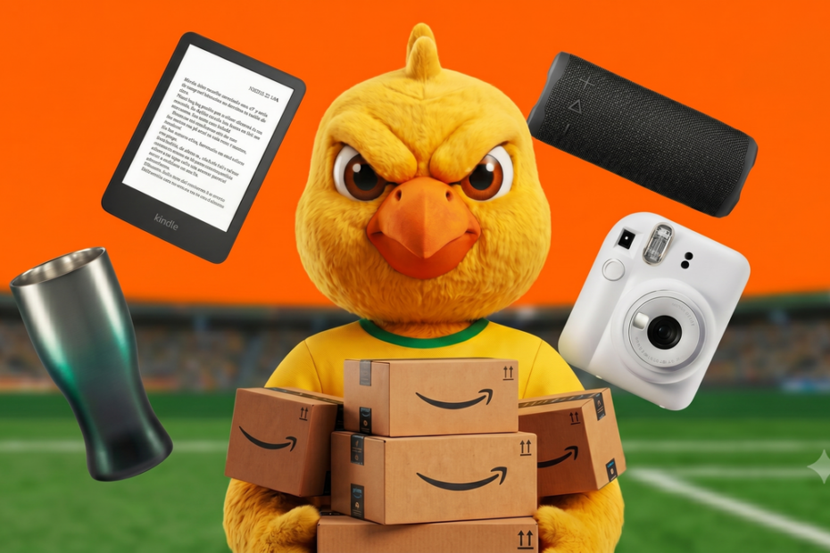 Promoção "caixa premiada" da Amazon apresenta brindes como Kindle e JBL grátis em pedidos selecionados.