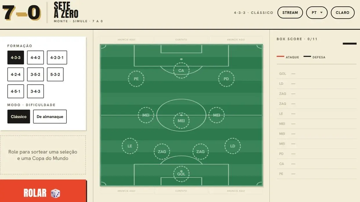 Torcedores participam do jogo "7 a 0", montando escalações históricas de futebol em ambiente animado.
