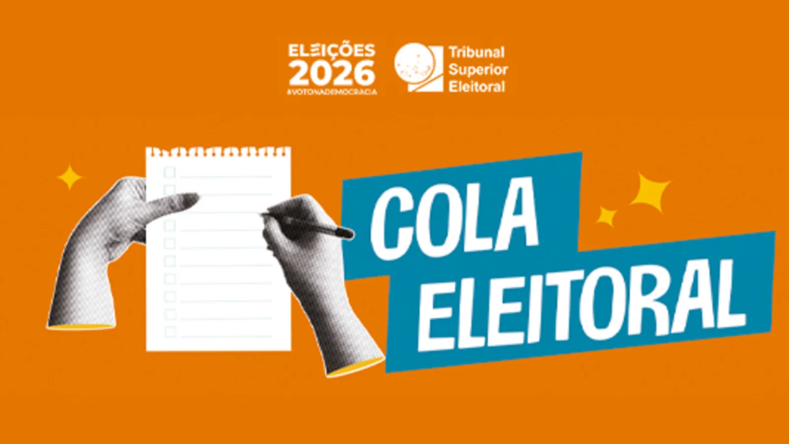Arte do TSE com a frase Cola eleitoral e mãos preenchendo uma lista em papel