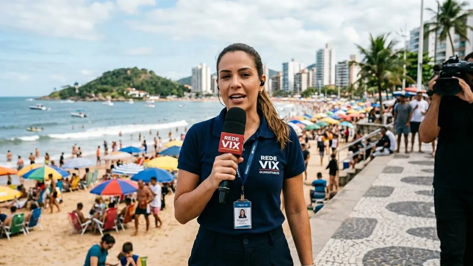 Repórter com microfone na orla da Praia do Morro, em Guarapari, com praia cheia ao fundo